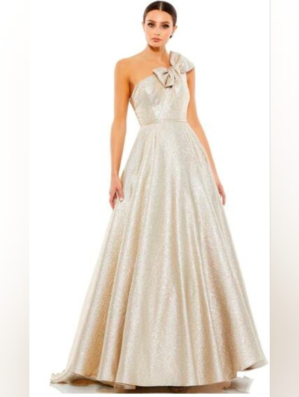 Mac Duggal NWT One-Shoulder Metallic Champagne Ball Gown Maxi Dress Sz 0 #67890